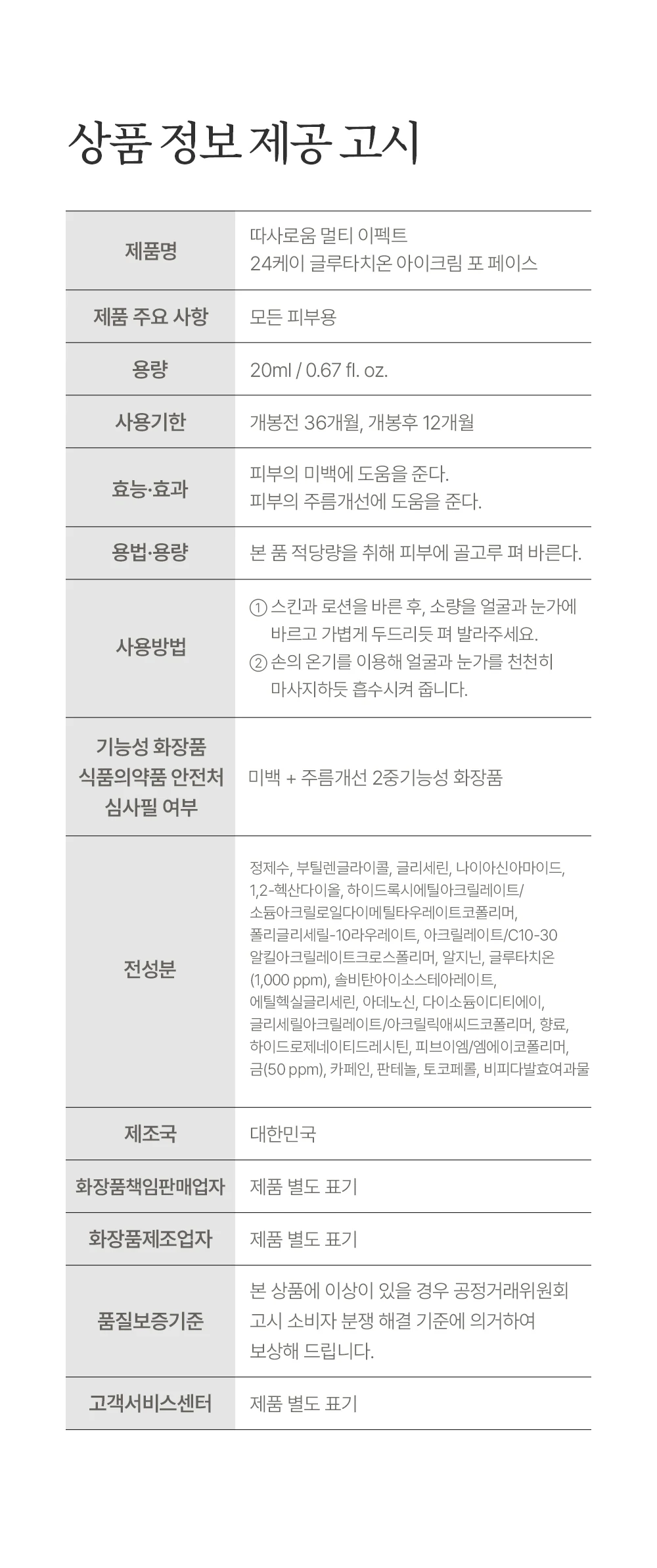 따사로움 멀티 이펙트 24K 글루타치온 아이크림 포 페이스